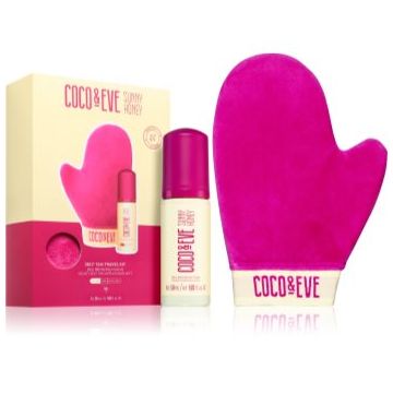 Coco & Eve Sunny Honey Ultimate Glow Travel Kit spumă auto-bronzantă cu mănușă aplicatoare pachet pentru calatorie
