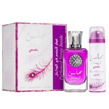 Set Apa de Parfum, 100 ml + Deodorant Spray, 50 ml, pentru Femei - Lattafa Perfumes, Mahasin Crystal Violet, 1 set
