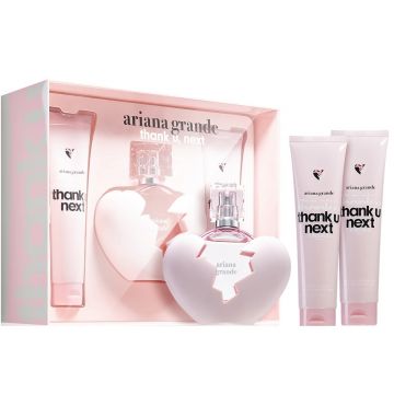 Set cadou Ariana Grande, Thank U Next, Apa de Parfum, Femei, 100 ml + Lotiune de corp, 100 ml + Gel de dus, 100 ml