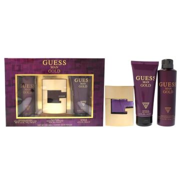 Set cadou Guess Man Gold, Apa de Toaleta, Barbati, 75 ml + Spray de corp, 226 ml + Gel de dus, 200 ml