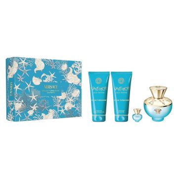 Set Cadou Versace Dylan Turquoise pour Femme (Continut set: 100 ml Apa de Toaleta + 100 ml Lotiune de corp + 100 ml Gel de dus + 5 ml Apa de Toaleta)