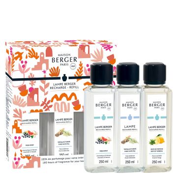 Set parfum pentru lampa catalitica Maison Berger Estival Triopack cu Fresh Spirit  Zeste de Verveine  Pure White Tea  3x 250ml