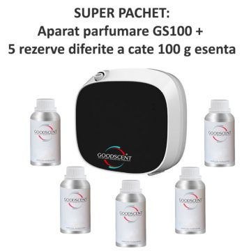 PACHET: Aparat profesional Parfumare spatii Good Scent GS 100, culoare alb si negru si 5 rezerve de 100 g incluse