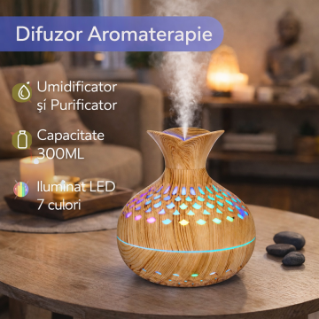 Difuzor de ulei esential, aromaterapie, umidificator de aer, rezervor 300ML, cu iluminat LED