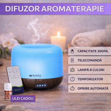 Difuzor de ulei esential, aromaterapie, umidificator de aer, rezervor 300ML, cu telecomanda si lumina veghe ajustabila + Ulei Cadou