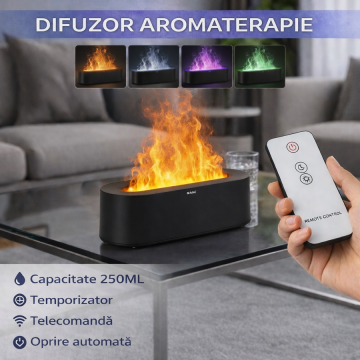 Umidificator de aer cu ultrasunete, Difuzor aromaterapie 250ML, Temporizator, Cu iluminat LED, Efect flacara, pentru casa si birou