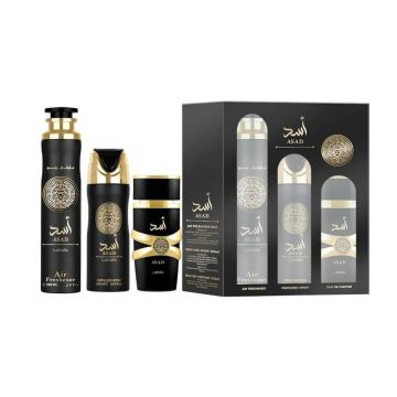 Set cadou Lattafa Asad 100ml + 200 Deodorant + 300ml Odorizant de Camera