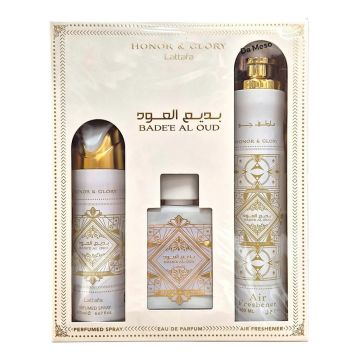 Set cadou Lattafa Badee Al Oud Honor & Glory 100ml + 200ml Deodorant + 300ml Odorizant de Camera