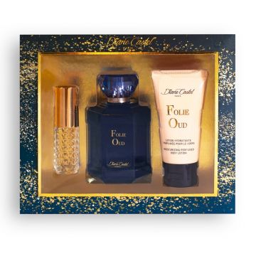 Set cadou 3 produse DC Apa de parfum Folie Oud 100 ML+ gel de dus+Mini parfum