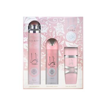 Set cadou Yara Lattafa 100ml + 200ml Deodorant + 300ml Odorizant de Camera