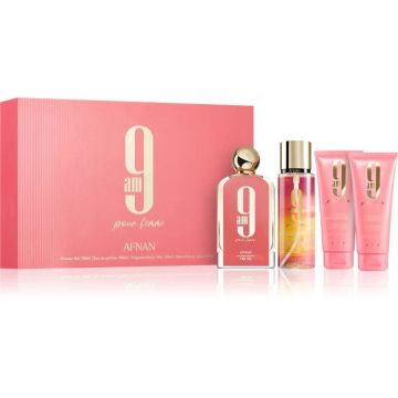 Afnan - 9 AM Pour Femme Gift Set, apa de parfum 100 ml + gel de dus, lotiune  body mist - Set Cadou Femei