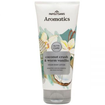 Lotiune de Corp 100% Vegana cu Parfum de Cocos si Vanilie - Papoutsanis Aromatics Nutri Care Body Lotion Coconut Crush & Warm Vanilla, 200 ml