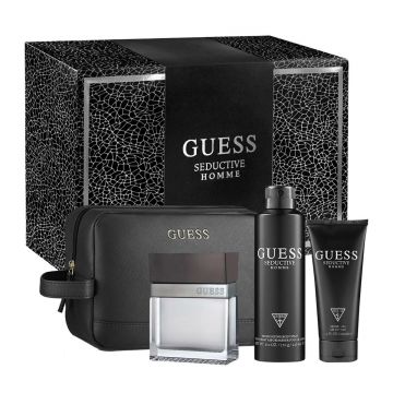 Set Cadou Guess, Seductive Homme, Apa de Toaleta, 100 ml + Deodorant, 226 ml + gel de dus, 100 ml + geanta
