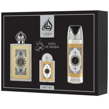 Set Apa de Parfum 100 ml + Deodorant Spray 200 ml + Apa de Parfum Travel Size 20 ml, pentru Barbati - Lattafa Perfumes King of Arabia, 1 set
