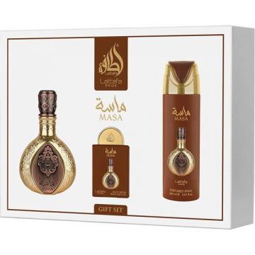 Set Apa de Parfum 100 ml + Deodorant Spray 200 ml + Apa de Parfum Travel Size 20 ml, Unisex - Lattafa Perfumes Masa, 1 set