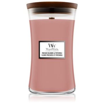 Woodwick Pressed Blooms & Patchouli lumânare parfumată cu fitil din lemn