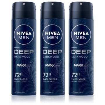 NIVEA MEN Deep Black Carbon Darkwood spray anti-perspirant ambalaj economic pentru bărbați 3 x 150 ml