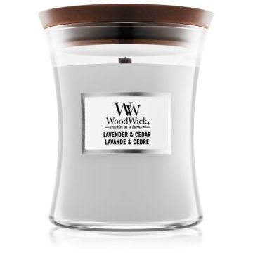 Woodwick Lavender & Cedar lumânare parfumată cu fitil din lemn