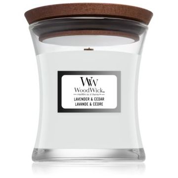 Woodwick Lavender & Cedar lumânare parfumată cu fitil din lemn