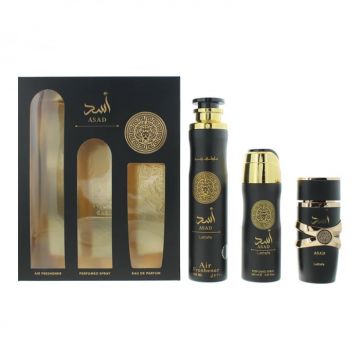 Set Cadou Asad, Lattafa, apa de parfum 100 ml + deo spray 200 ml + odorizant camera 300 ml, barbati Set Cadou Asad, Lattafa, apa de parfum 100 ml + deo spray 200 ml + odorizant camera 300 ml, barbati