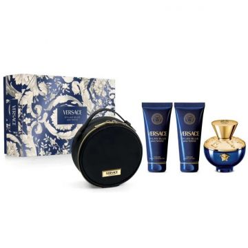 Set cadou Versace Dylan Blue, Femei, 100 ml Apa de Parfum, 100 ml Gel de Dus, 100 ml Lotiune de Corp, geanta